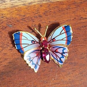 Vintage Handpainted Red Glass Rhinestone Gold Tone Metal Scatter Pin